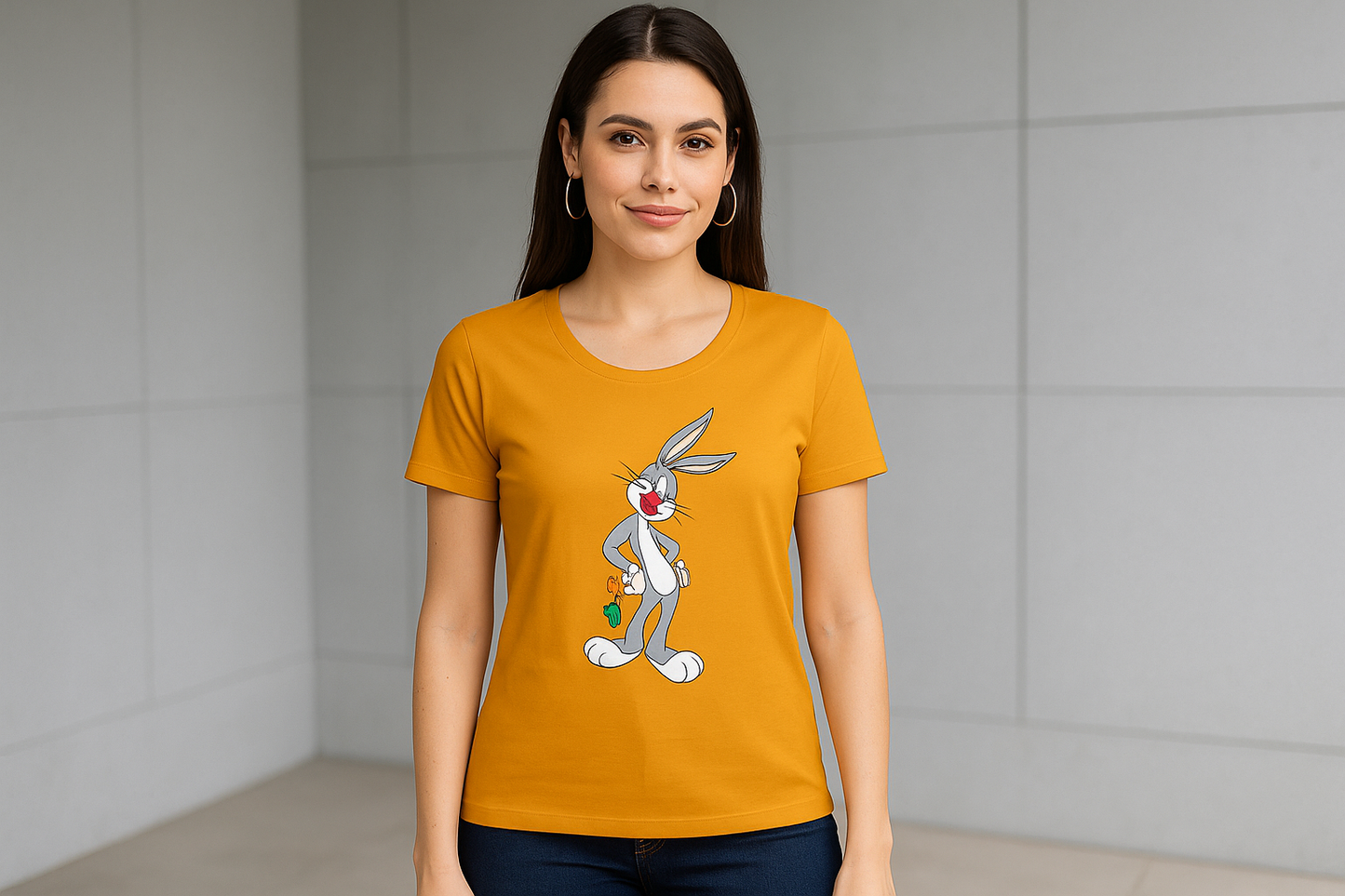 Generated model image with orange Bugs Bunny t-shirt