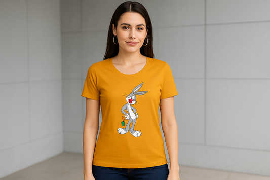 Generated model image with orange Bugs Bunny t-shirt